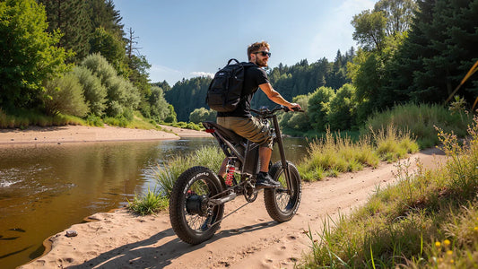 Man riding Shengmilo S900 e-bike on off-road trail near river showing how to choose the right e-bike