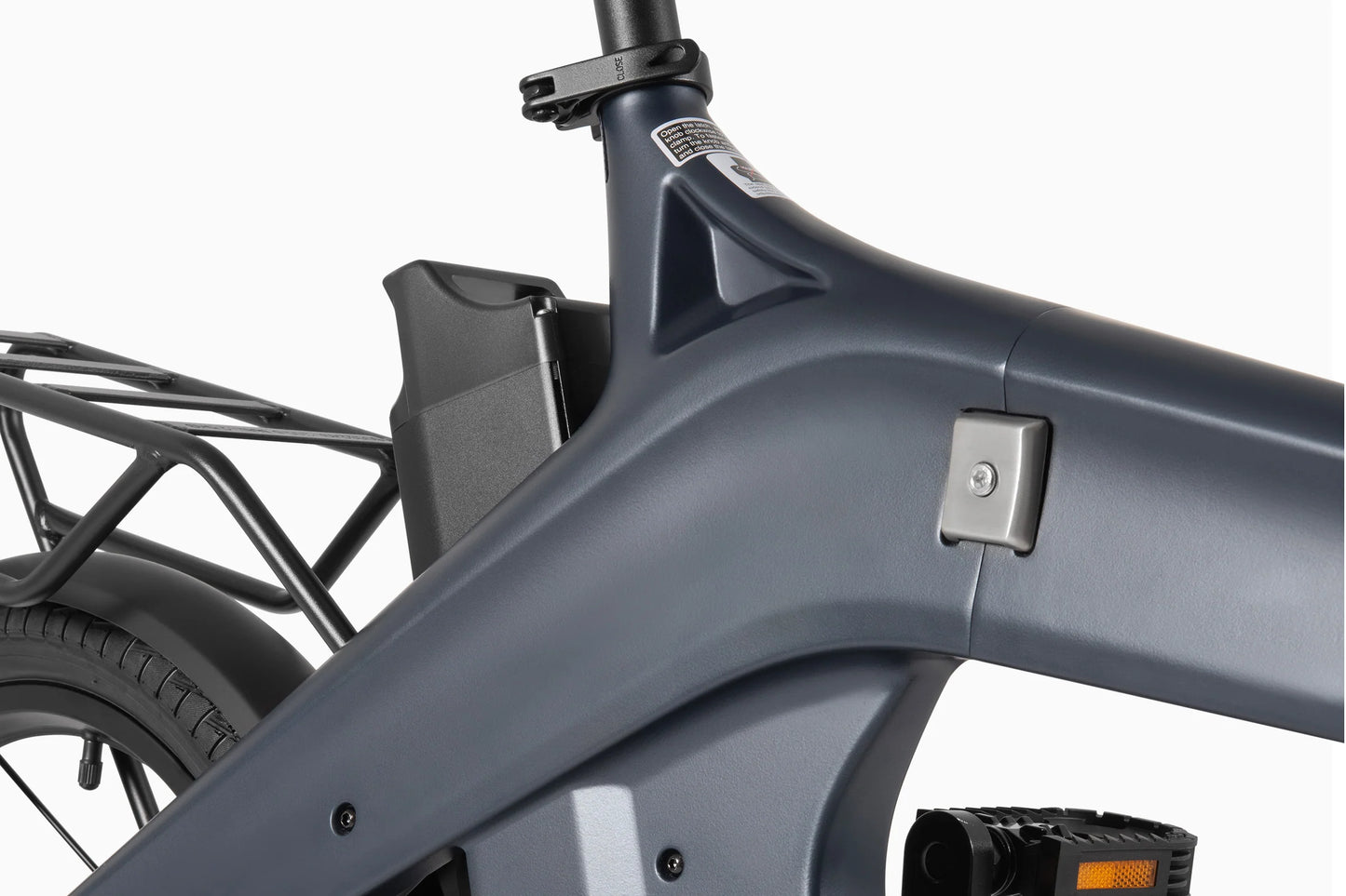Close-up of DYU T1 20 Inch Foldable Electric Bike magnesium alloy frame showing battery compartment and sturdy design