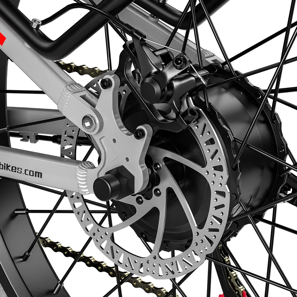 Close-up of Shengmilo S600 electric bike rear wheel with 2000W dual motor and disc brake system