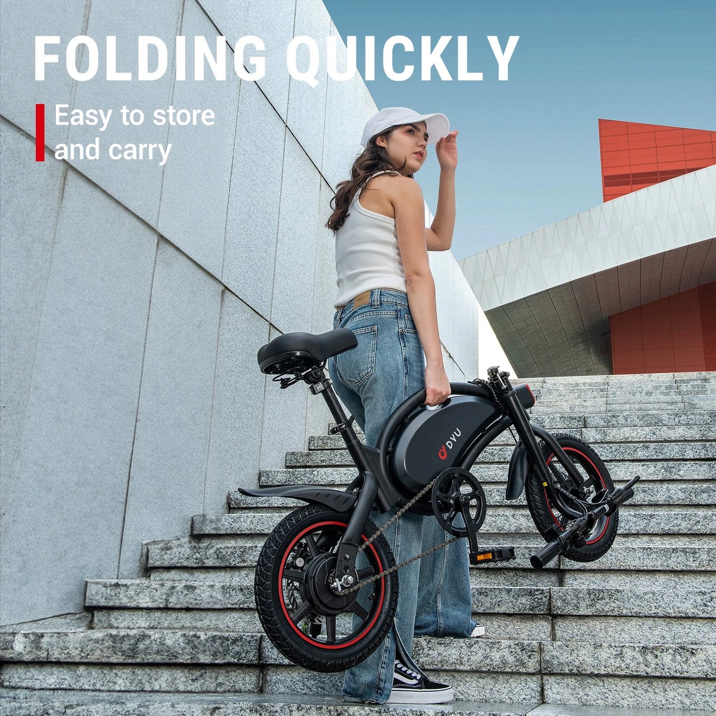 DYU D3F 14 Inch Mini Folding Electric Bike with 250W Motor, 36V10AH Battery, dual disc brakes, and puncture-resistant tires