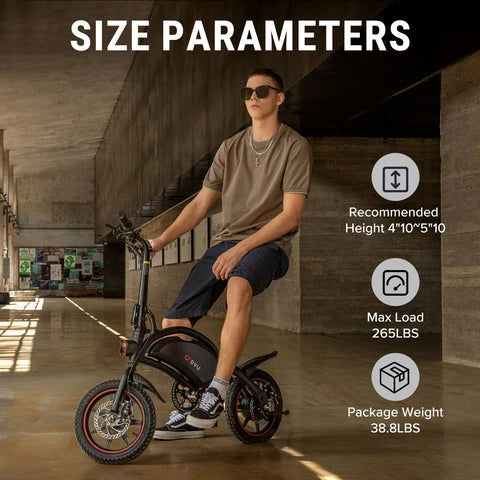 Man sitting on DYU D3F 14 Inch Mini Folding Electric Bike with 250W Mottor and 36V10AH Battery