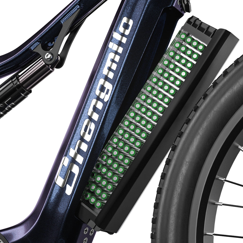 Close-up of Shengmilo MX03 electric bike frame and battery pack with rear tyre visible