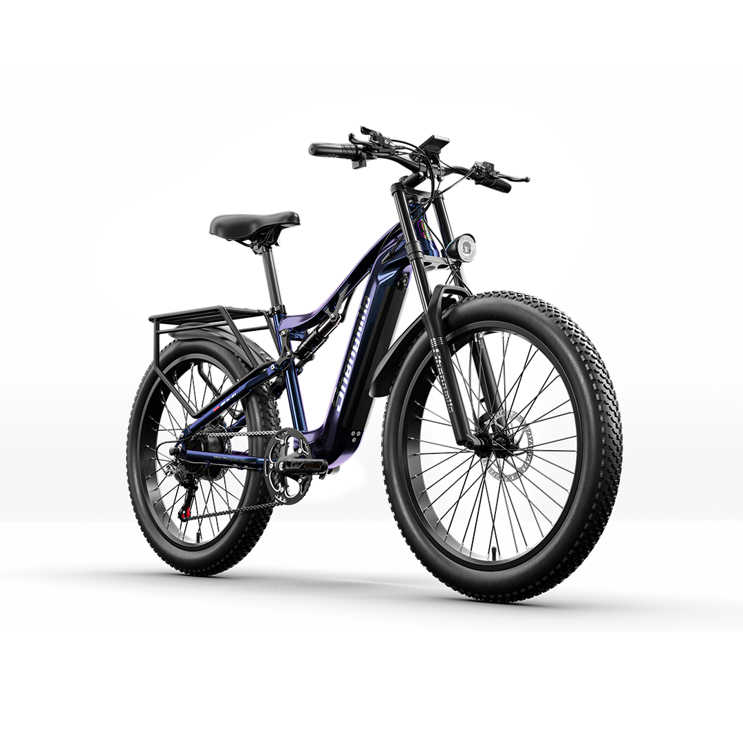 Shengmilo MX03 electric bike with fat tyres and suspension fork in blue finish