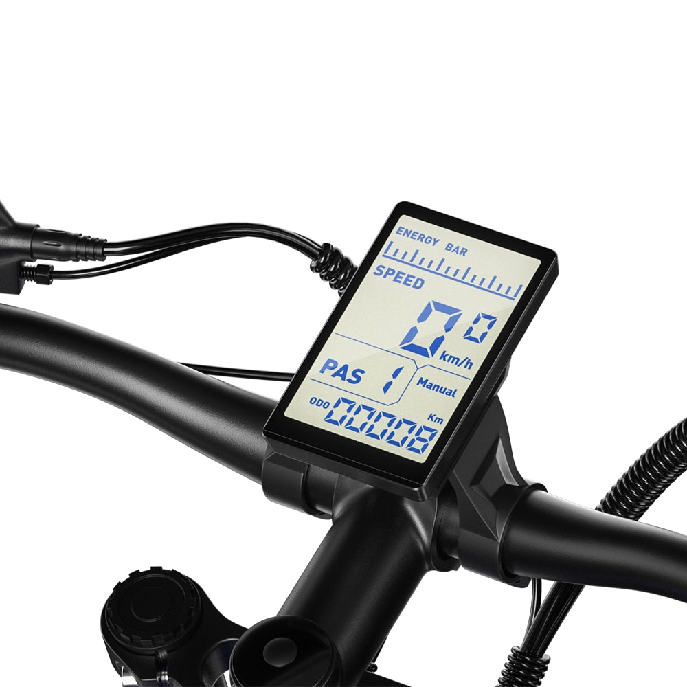 Handlebar display screen of Shengmilo MX03 electric bike showing speed and energy bar