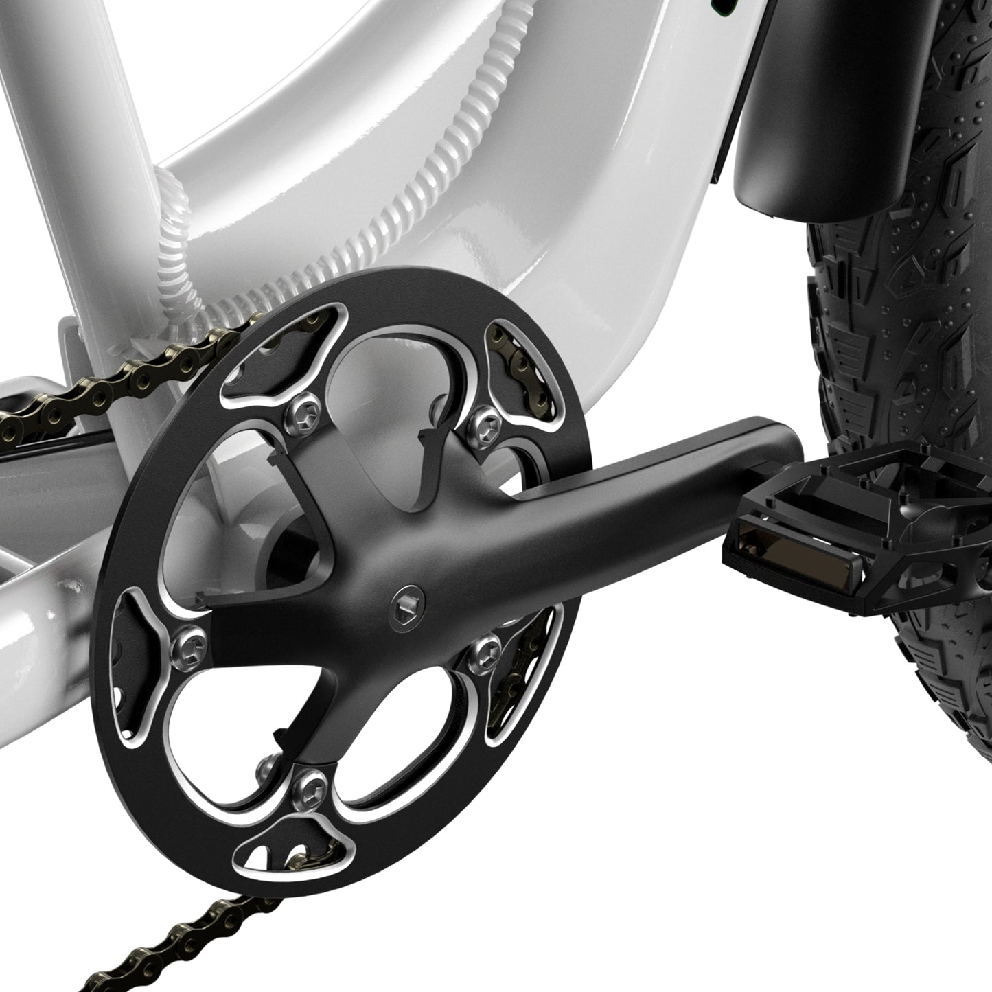 Close-up of Shengmilo MX06 Step Through E-bike chainring and pedal with fat tire and aluminum alloy frame
