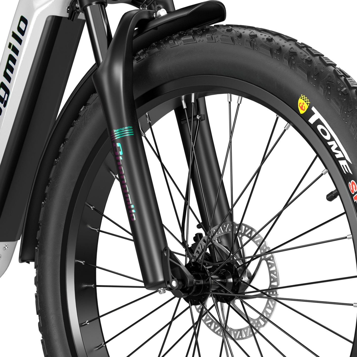 Close-up of Shengmilo MX06 Step Through E-bike front wheel with fat tire and hydraulic oil brake