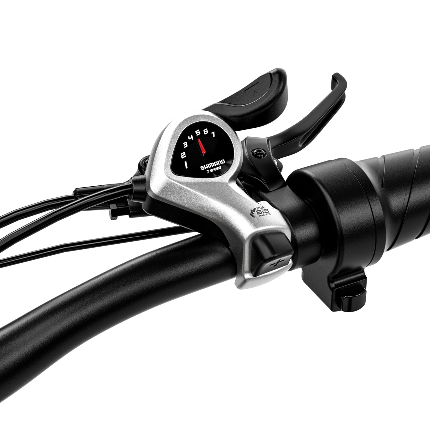 Shengmilo MX06 Step Through E-bike Shimano Level 7 transfer gear shifter on black handlebar close-up
