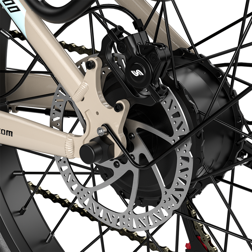 Close-up of Shengmilo S700 electric bike rear hydraulic brake system and fat tire with 2000W dual motor
