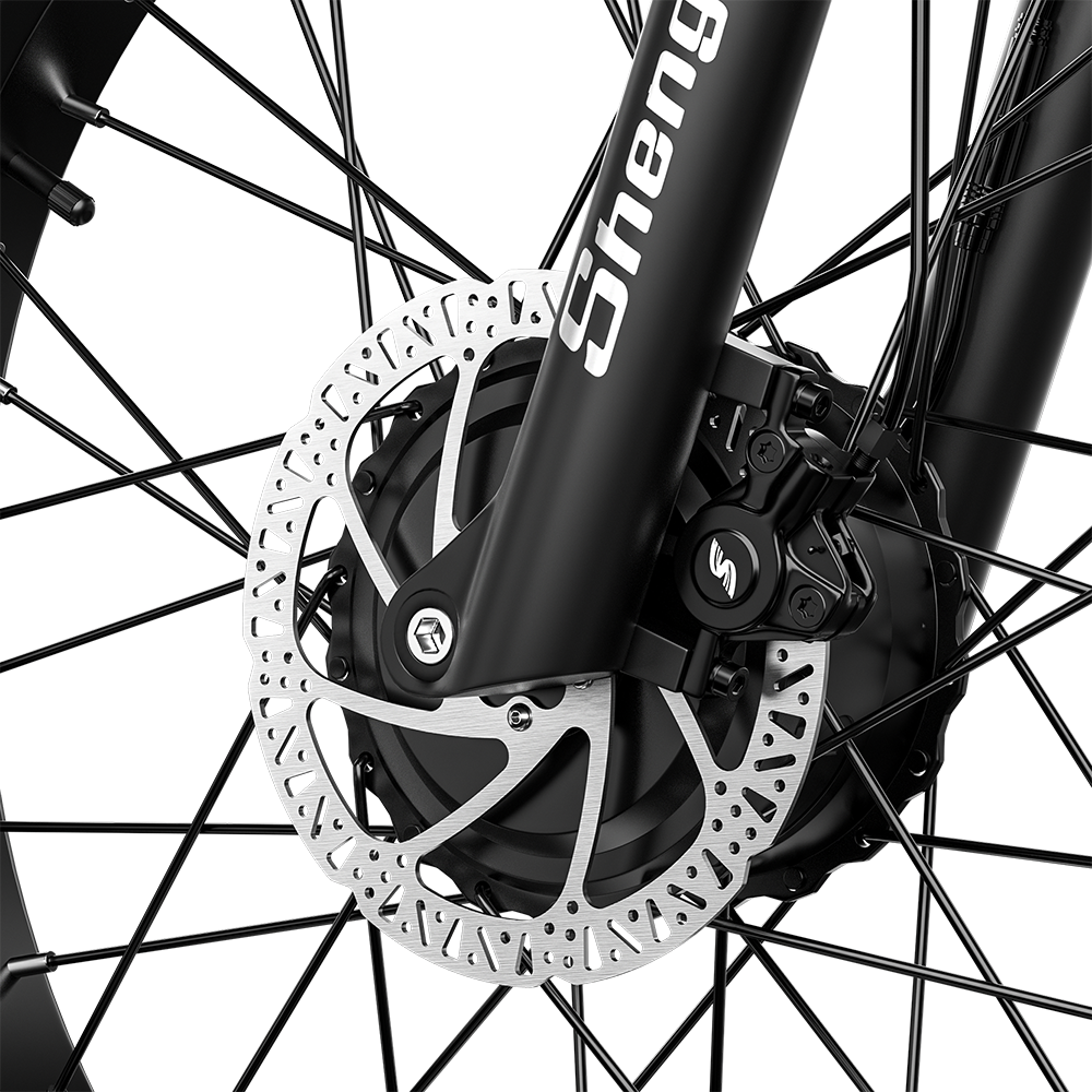 Close-up of Shengmilo S700 2000W Dual Motor electric bike front hydraulic brake system with disc rotor and black fork