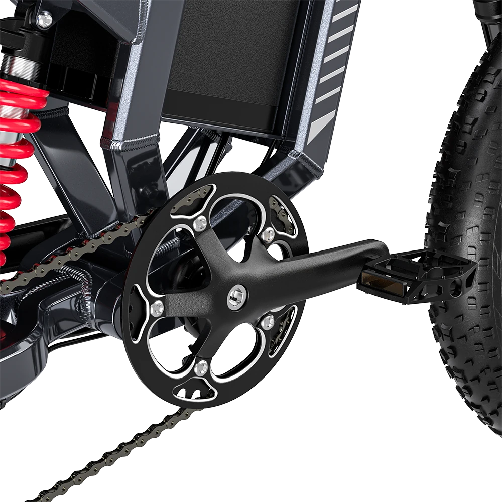 Close-up of Shengmilo S900 Electric Bicycle crankset with 1500W Power and hydraulic oil brake on mountain electric bike
