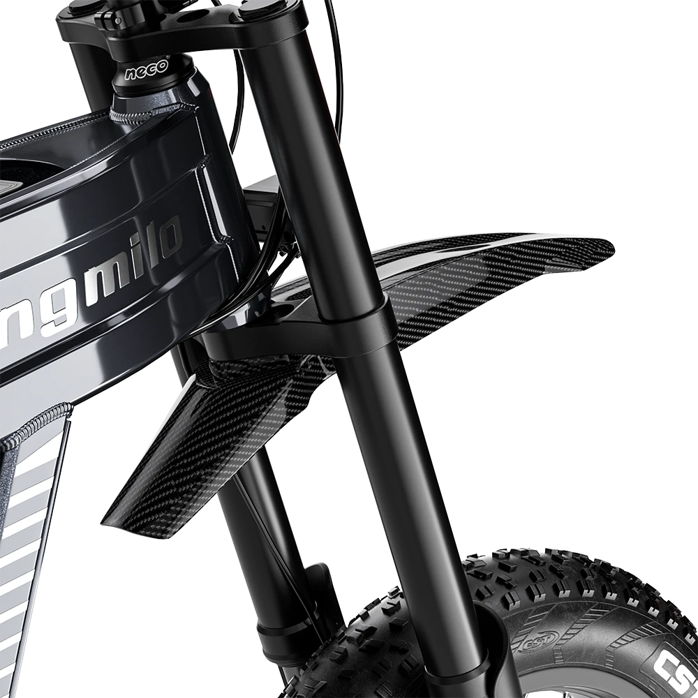 Close-up of Shengmilo S900 Electric Bicycle front fork suspension with 4.0 tyre and hydraulic oil brake mountain electric bike