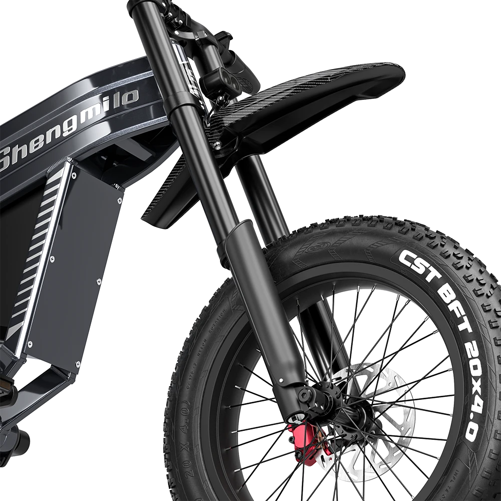 Shengmilo S900 Electric Bicycle front wheel and suspension showing 4.0 tyre and hydraulic oil brake