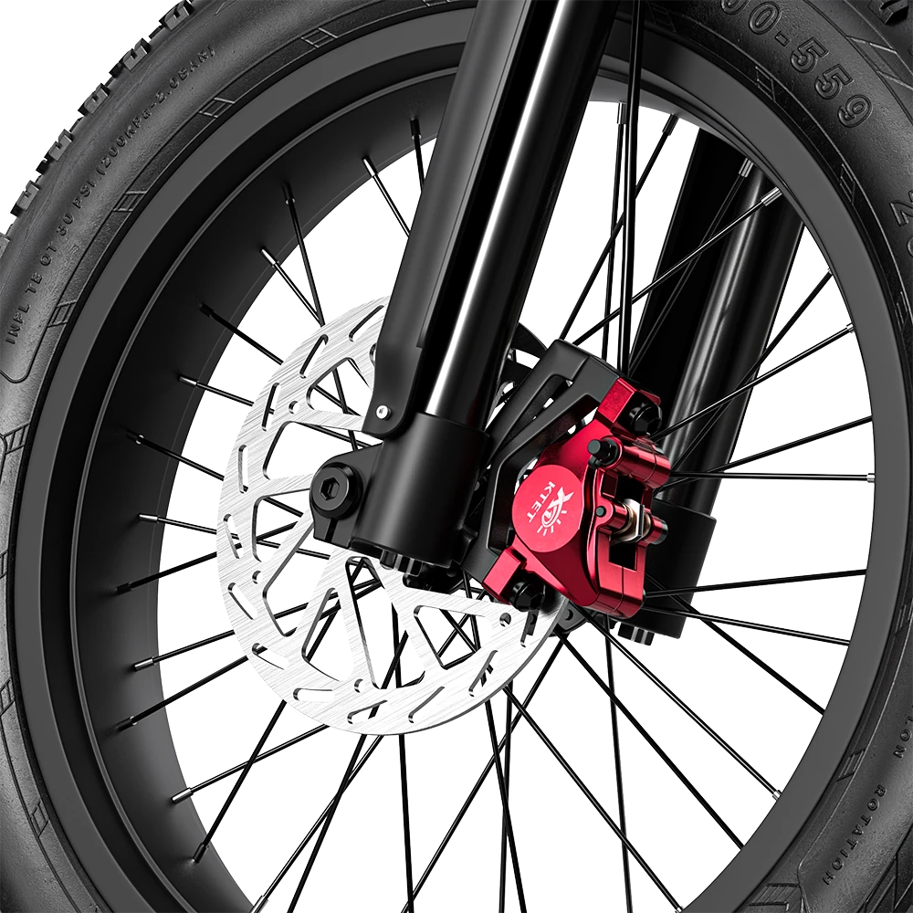 Close-up of Shengmilo S900 electric bicycle hydraulic oil brake and 4.0 tyre with front fork suspension
