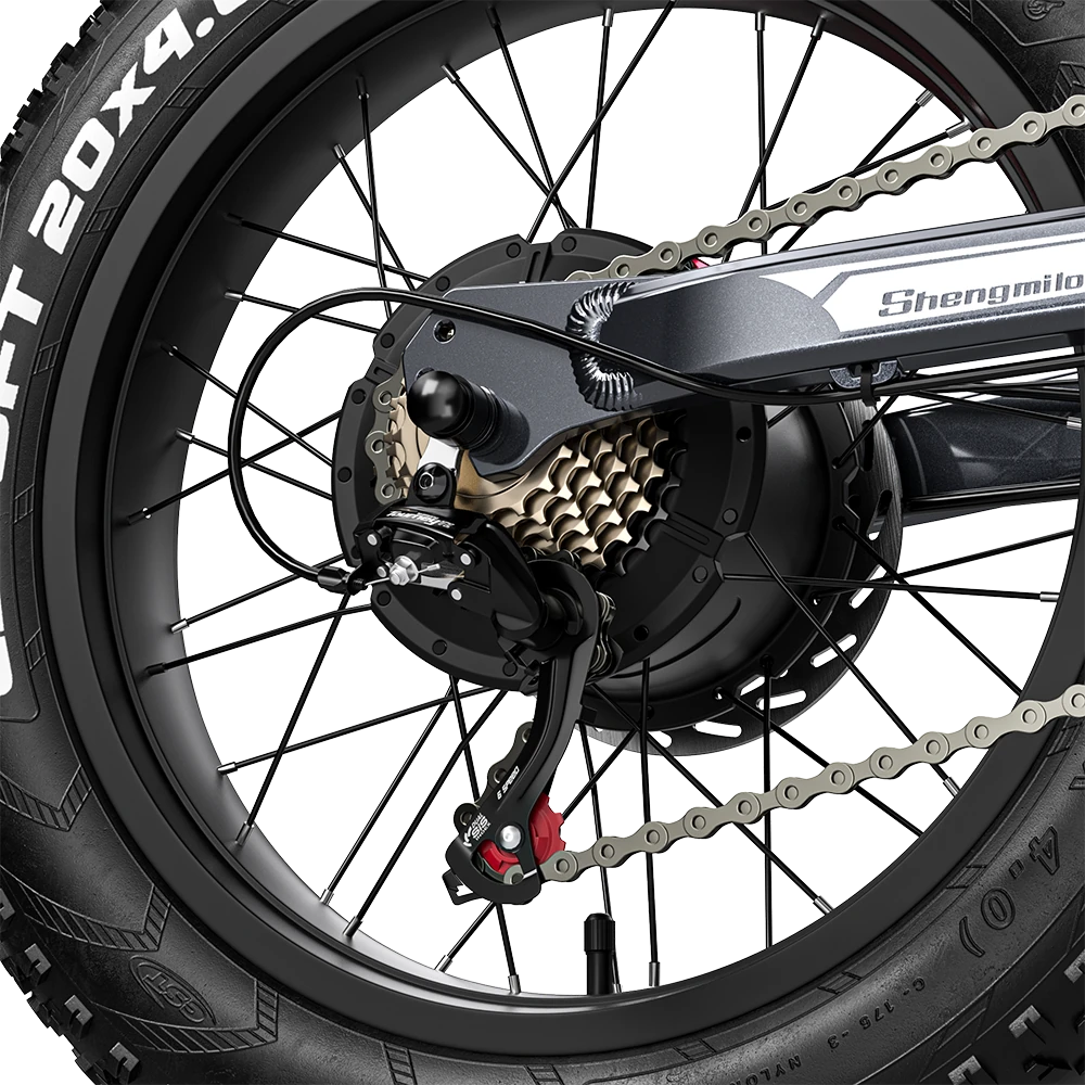 Close-up of Shengmilo S900 electric bicycle rear wheel with 1500W motor and 4.0 tyre for mountain electric bike