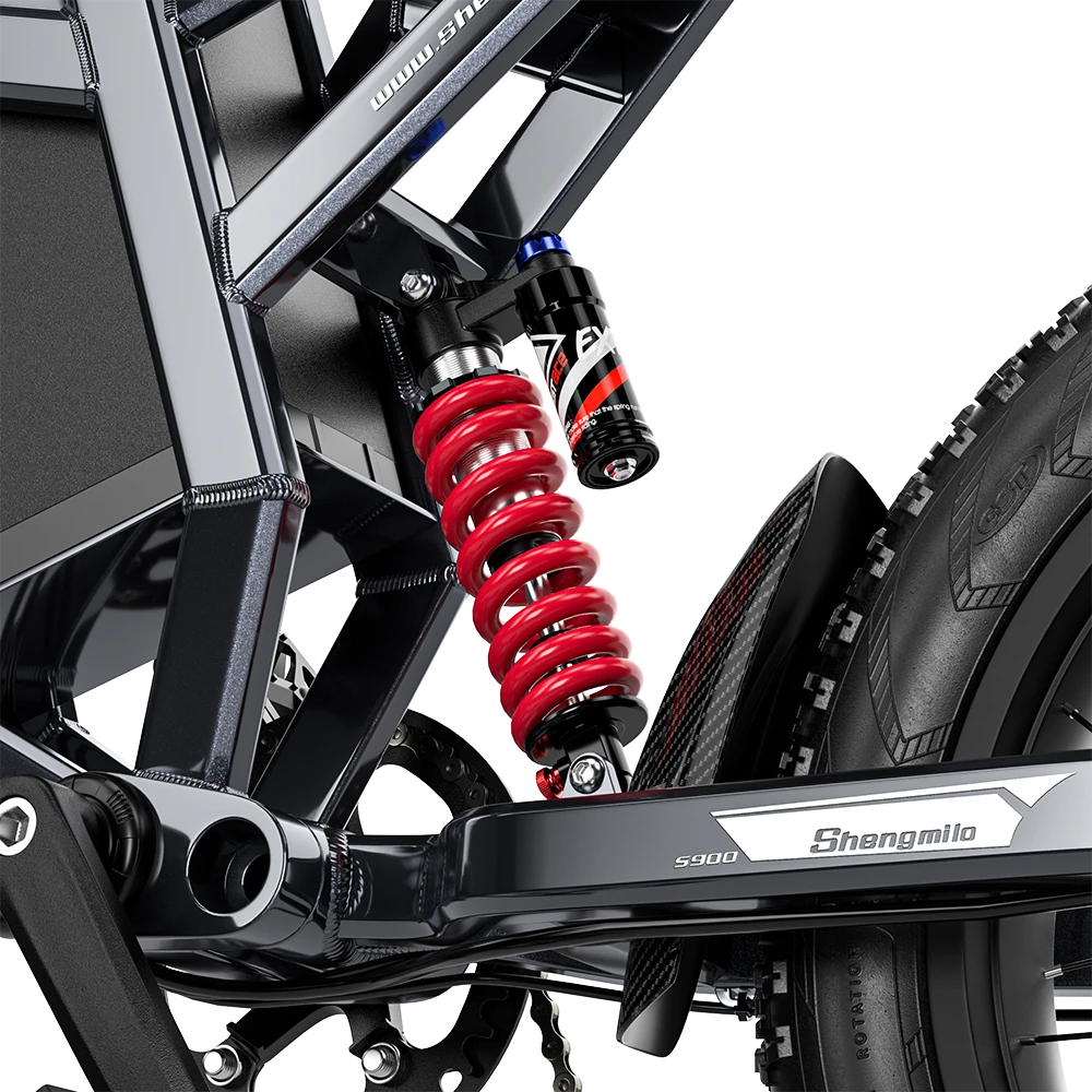 Shengmilo S900 Electric Bicycle rear suspension close-up showing red coil spring and mountain electric bike details