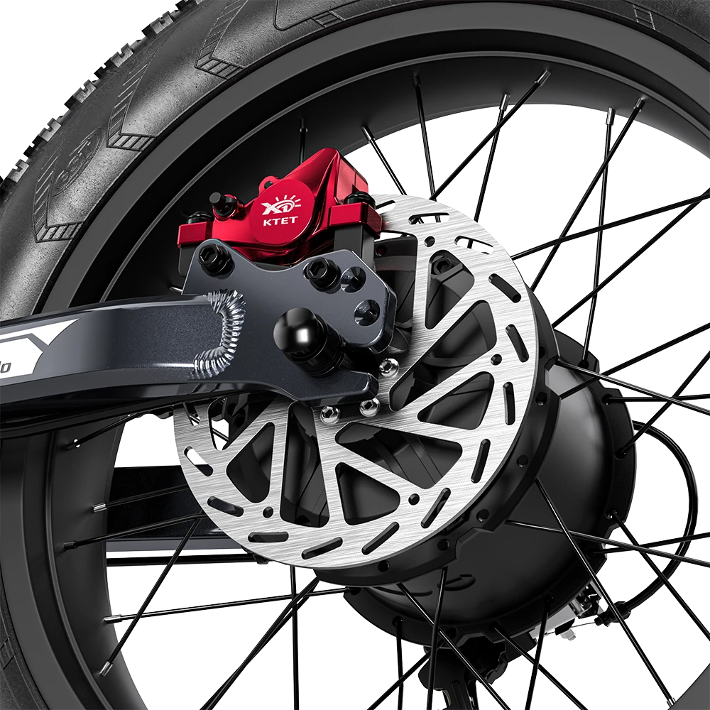 Close-up of Shengmilo S900 Electric Bicycle hydraulic oil brake and 4.0 tyre for superior stopping power