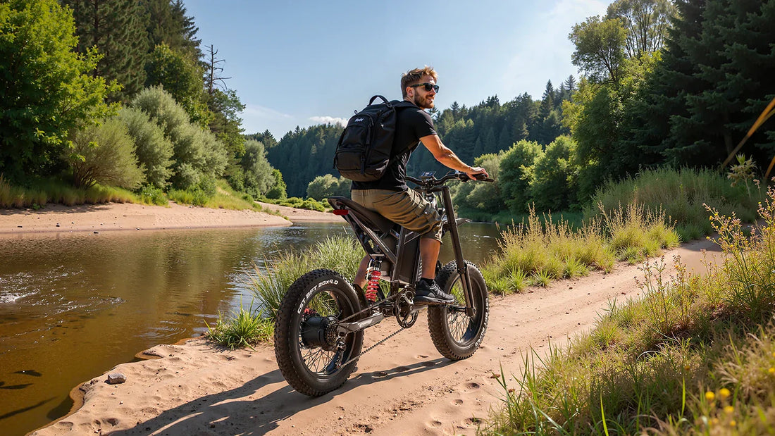 Man riding Shengmilo S900 e-bike on off-road trail near river showing how to choose the right e-bike
