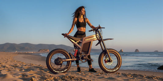 Woman standing on sandy beach with Shengmilo S900 e-bike showing the current state of bicycle industry