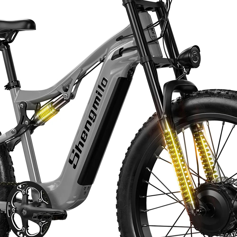 Shengmilo S600 electric bike with 2000W dual motor and 17.5AH 48V Samsung battery, grey frame close-up