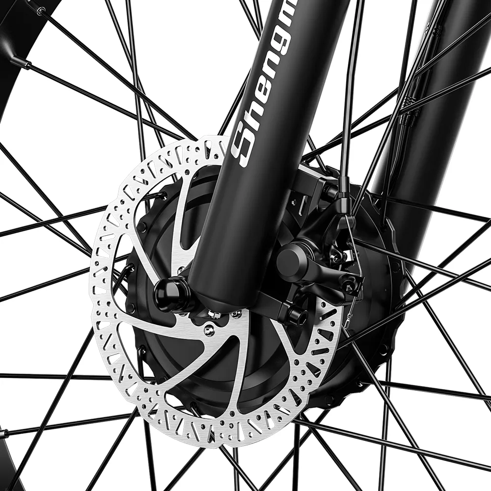 Close-up of Shengmilo S600 2000W Dual motor front wheel disc brake of electric bike