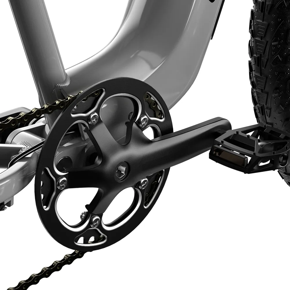 Close-up of Shengmilo electric bike crankset and pedal featuring 2000W Dual mottor 17.5AH 48VSamsung Battery Range 50KM Carry 300KG