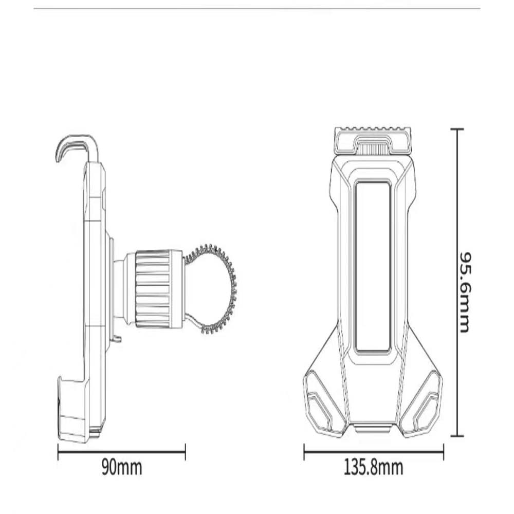 Technical drawing of Shengmilo bike handlebar phone mount with dimensions 135.8mm by 95.6mm by 90mm