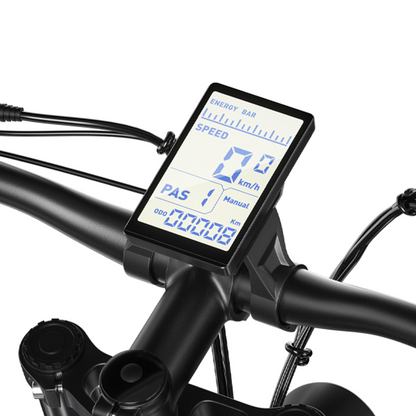 Shengmilo e-bike display mounted on handlebar showing speed and energy bar for e-bike tools