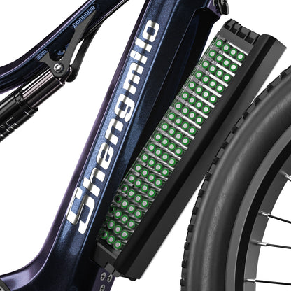 Close-up of Shengmilo MX03 electric bike frame and battery pack with rear tyre visible