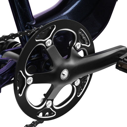 Close-up of the crankset and chain guard on Shengmilo MX03 electric bike showing black durable components