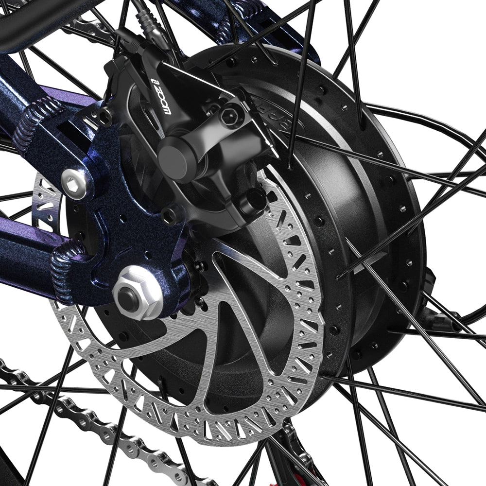 Close-up of the rear wheel disc brake and motor hub of the Shengmilo MX03 electric bike