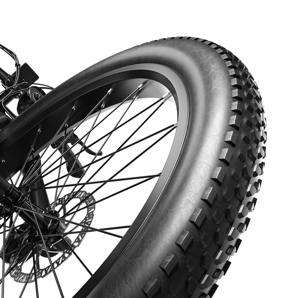 Close-up of Shengmilo MX03 electric bike rugged tyre and disc brake for off-road riding