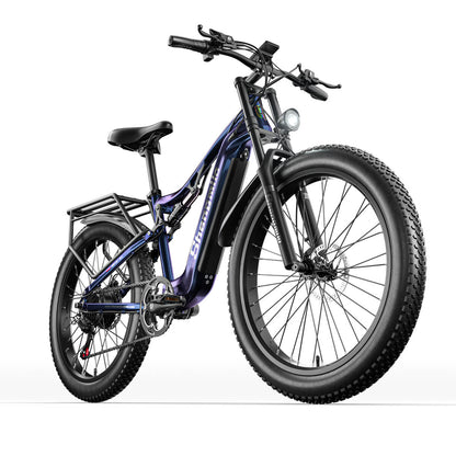Shengmilo MX03 electric bike with blue frame, fat tyres, front suspension, and rear carrier rack