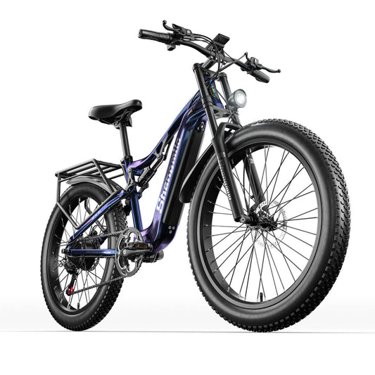 Shengmilo MX03 electric bike with blue frame, fat tyres, front suspension, and rear carrier rack