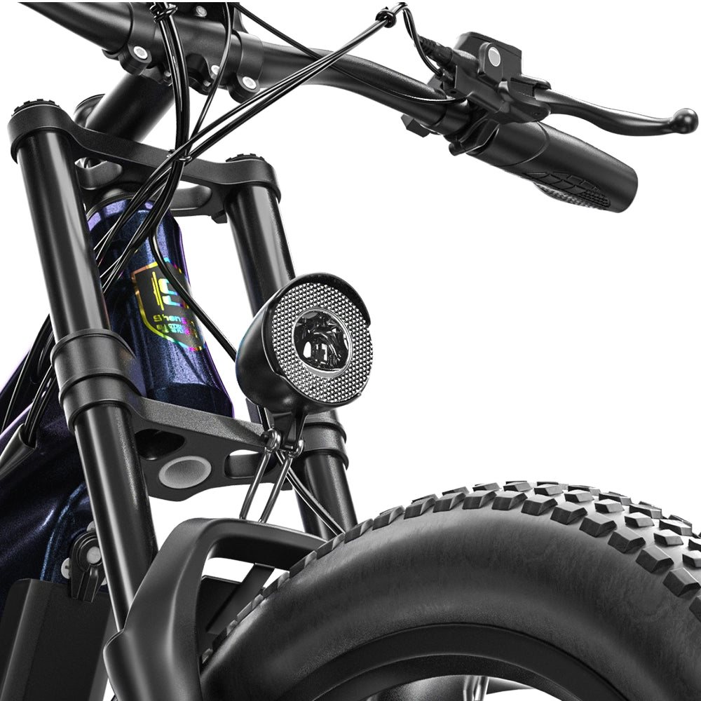 Close-up of front suspension and headlight on Shengmilo MX03 electric bike showing sturdy frame and tyre tread