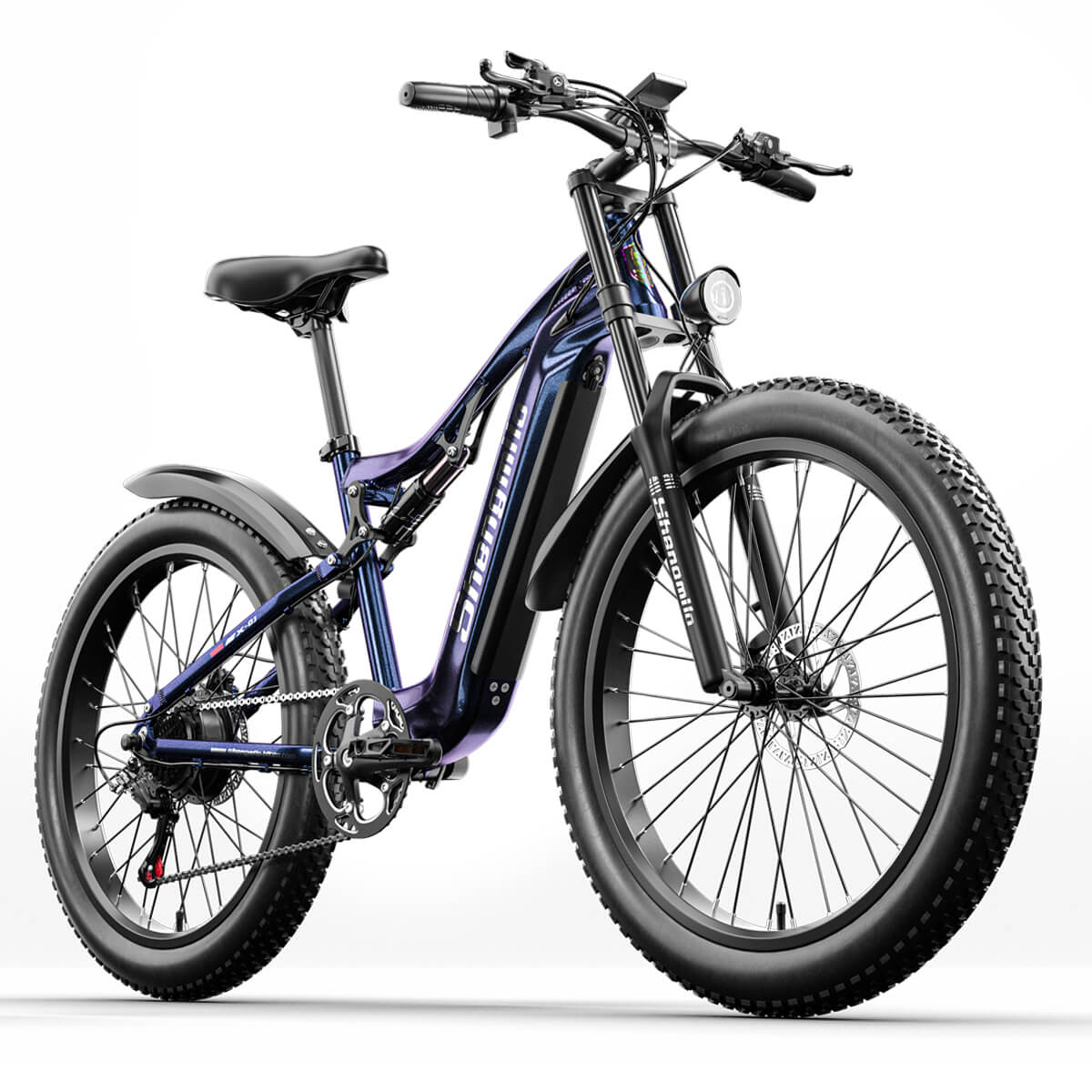 Shengmilo MX03 electric bike with fat tyres and full suspension in dark blue for off-road riding