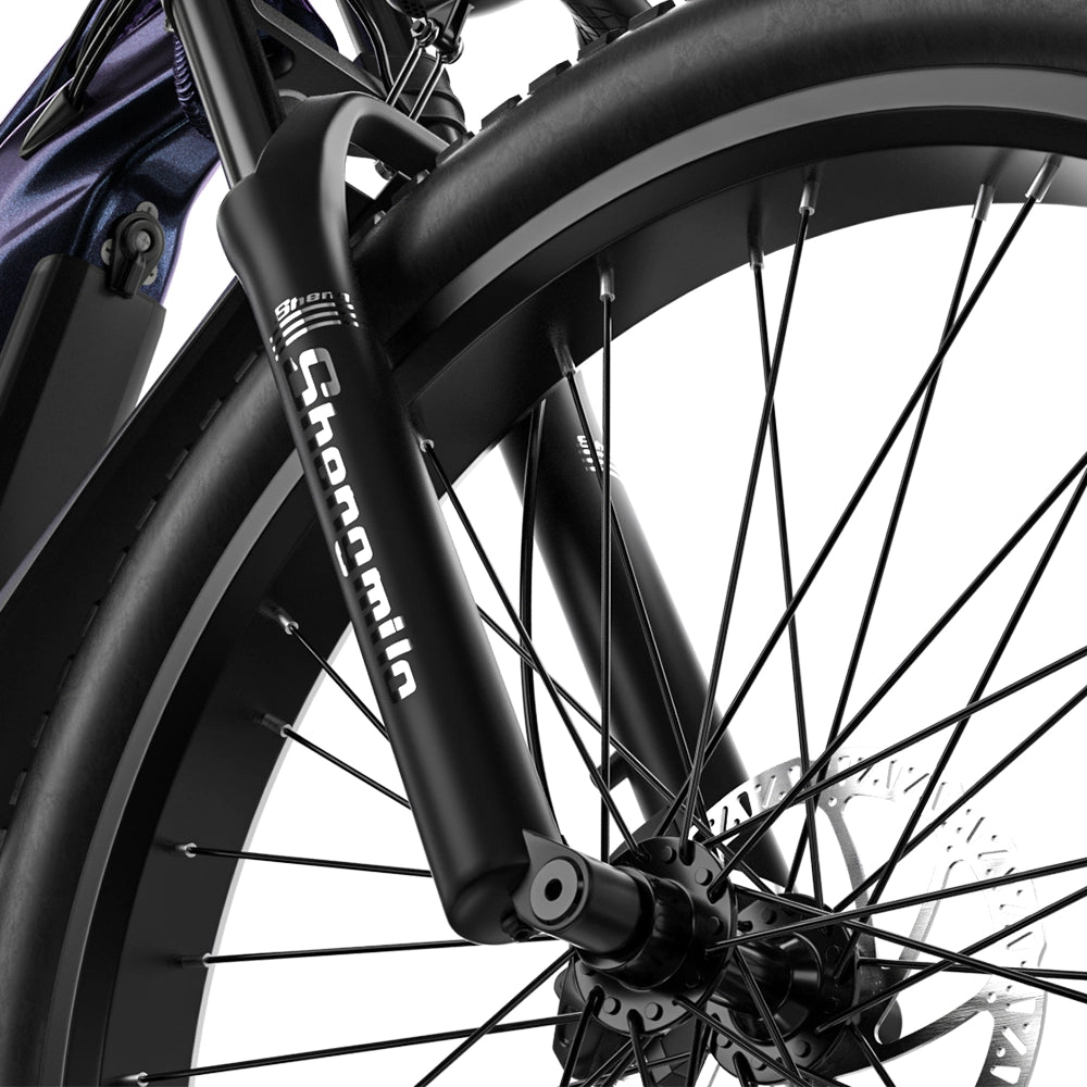 Close-up of Shengmilo MX03 electric bike front wheel with black suspension fork and disc brake