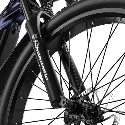 Close-up of Shengmilo MX03 electric bike front wheel with black suspension fork and disc brake