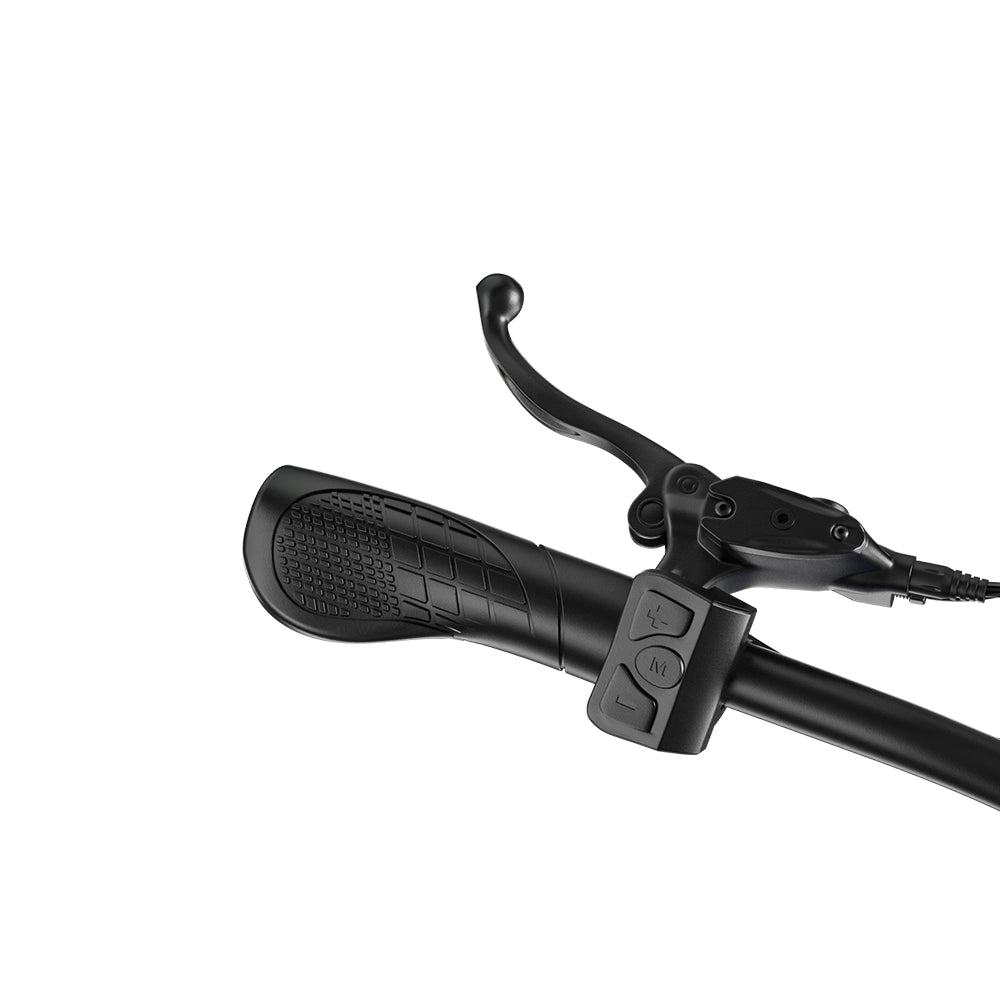 Close-up of Shengmilo MX03 electric bike handlebar with ergonomic grip and control buttons
