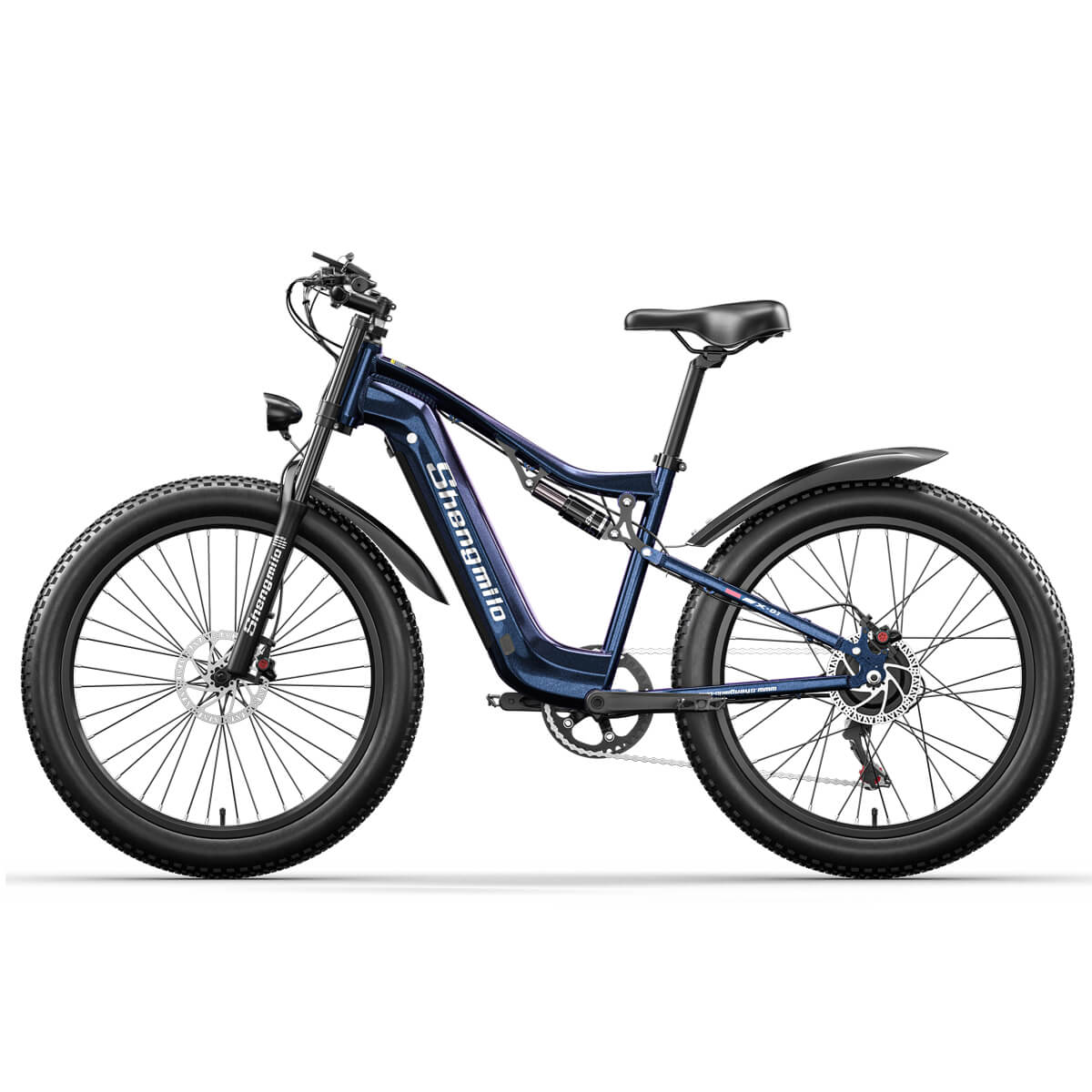 Shengmilo MX03 electric bike in blue with fat tyres and front suspension for off-road riding