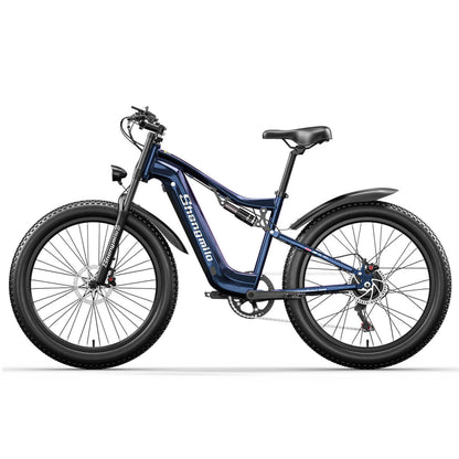 Shengmilo MX03 electric bike in blue with fat tyres and front suspension for off-road riding