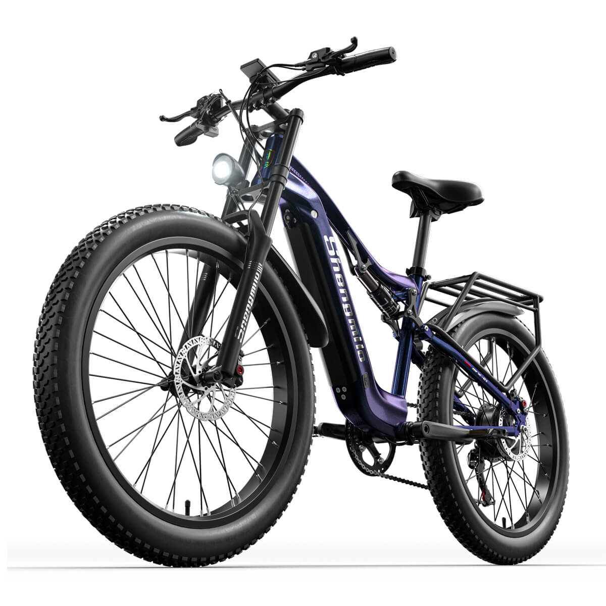 Shengmilo MX03 electric bike with sturdy frame, fat tires, front light, and rear cargo rack in blue