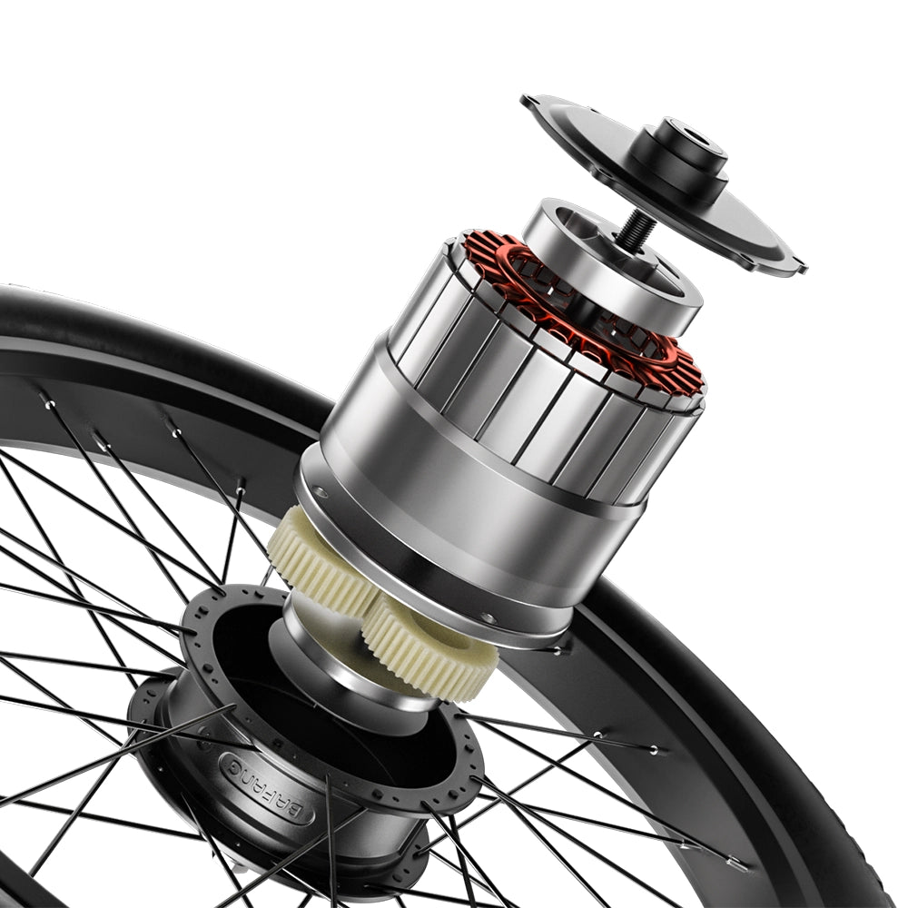 Close-up of Shengmilo MX03 electric bike motor and rear wheel assembly showing mechanical components