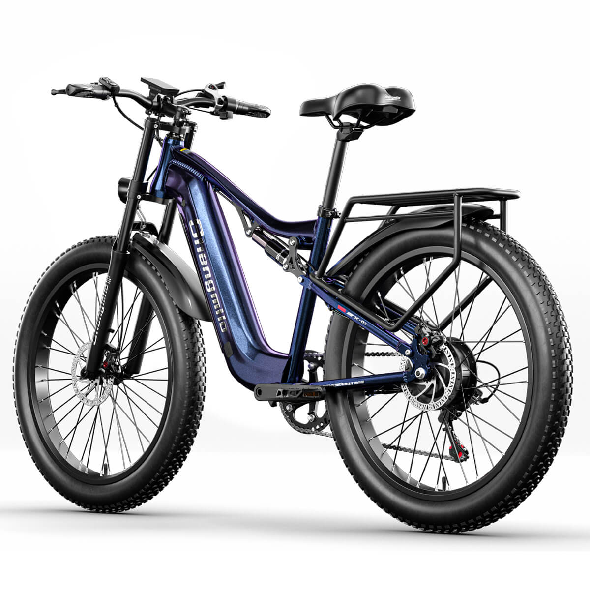 Shengmilo MX03 electric bike in metallic blue with fat tires and rear cargo rack for versatile riding