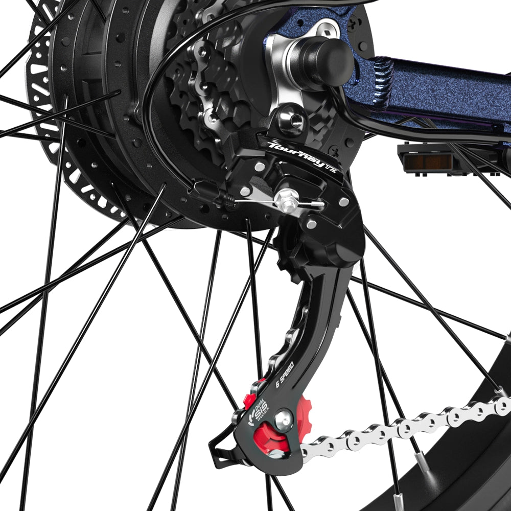 Close-up of the rear derailleur and chain on the Shengmilo MX03 electric bike showing detailed gear mechanism