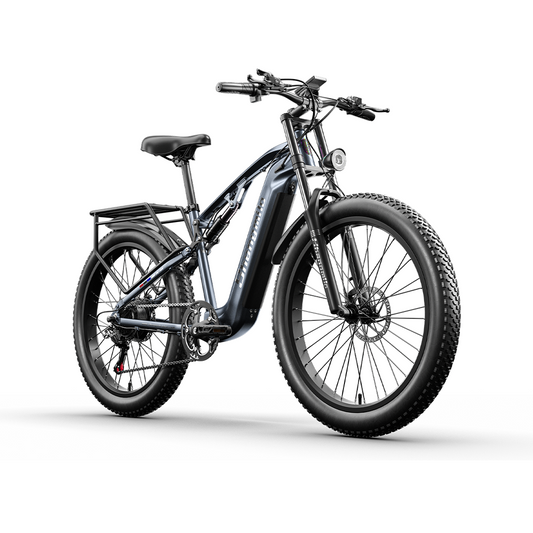 Shengmilo MX05 electric bike with 500W motor, fat tires, smart screen, aluminum alloy frame, and full suspension in grey