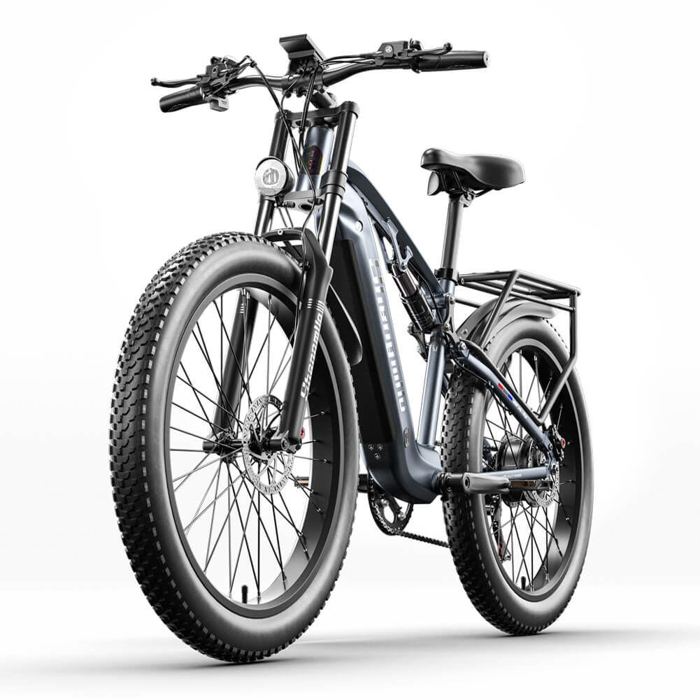 Shengmilo MX05 electric fat tire e-bike with 500W motor, smart screen, grey aluminum alloy frame, and full suspension