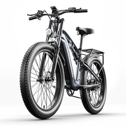 Shengmilo MX05 electric fat tire e-bike with 500W motor, smart screen, grey aluminum alloy frame, and full suspension
