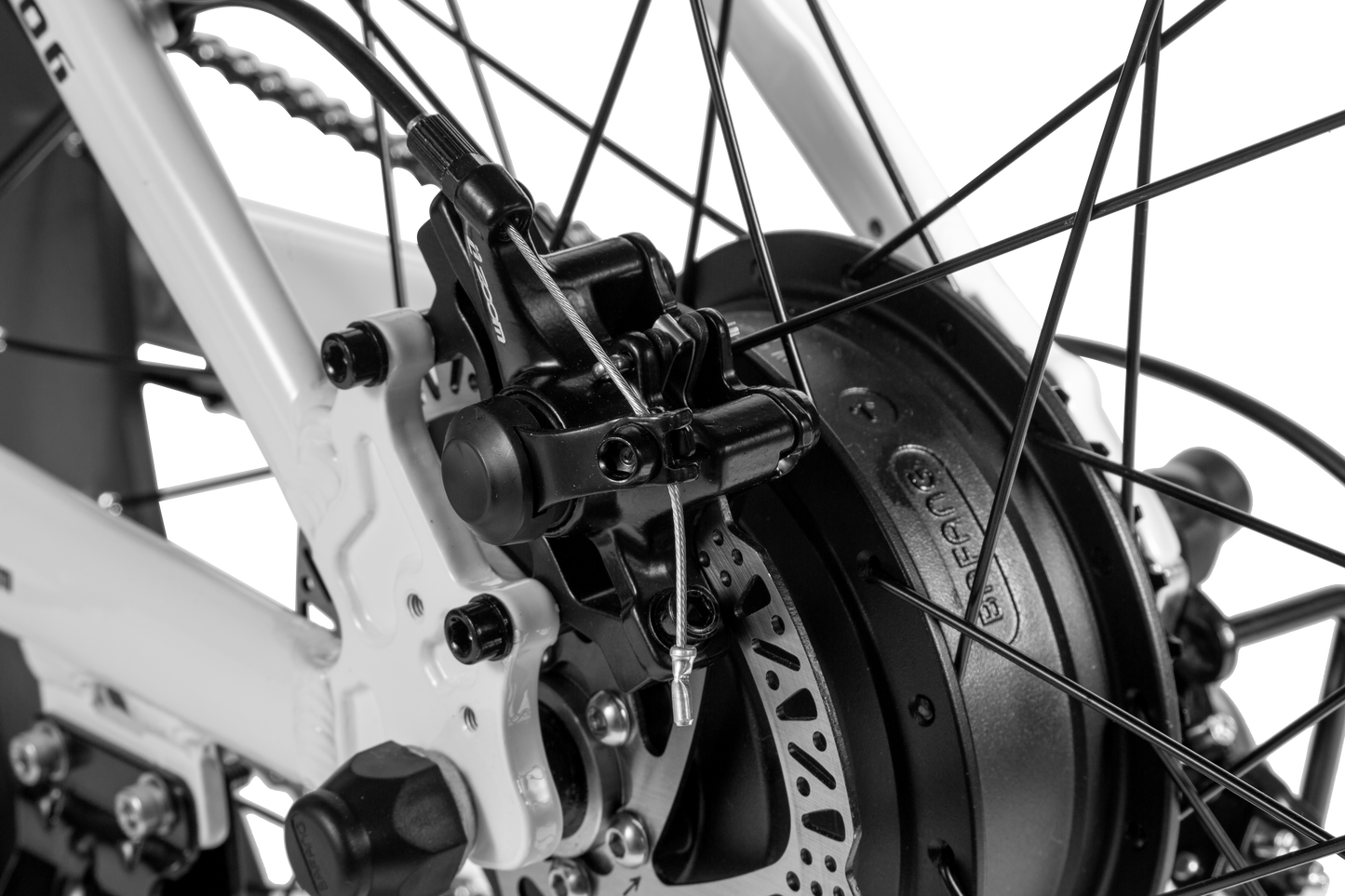 Close-up of Shengmilo MX06 Step Through E-bike rear disc brake and motor system with hydraulic oil brake and fat tires