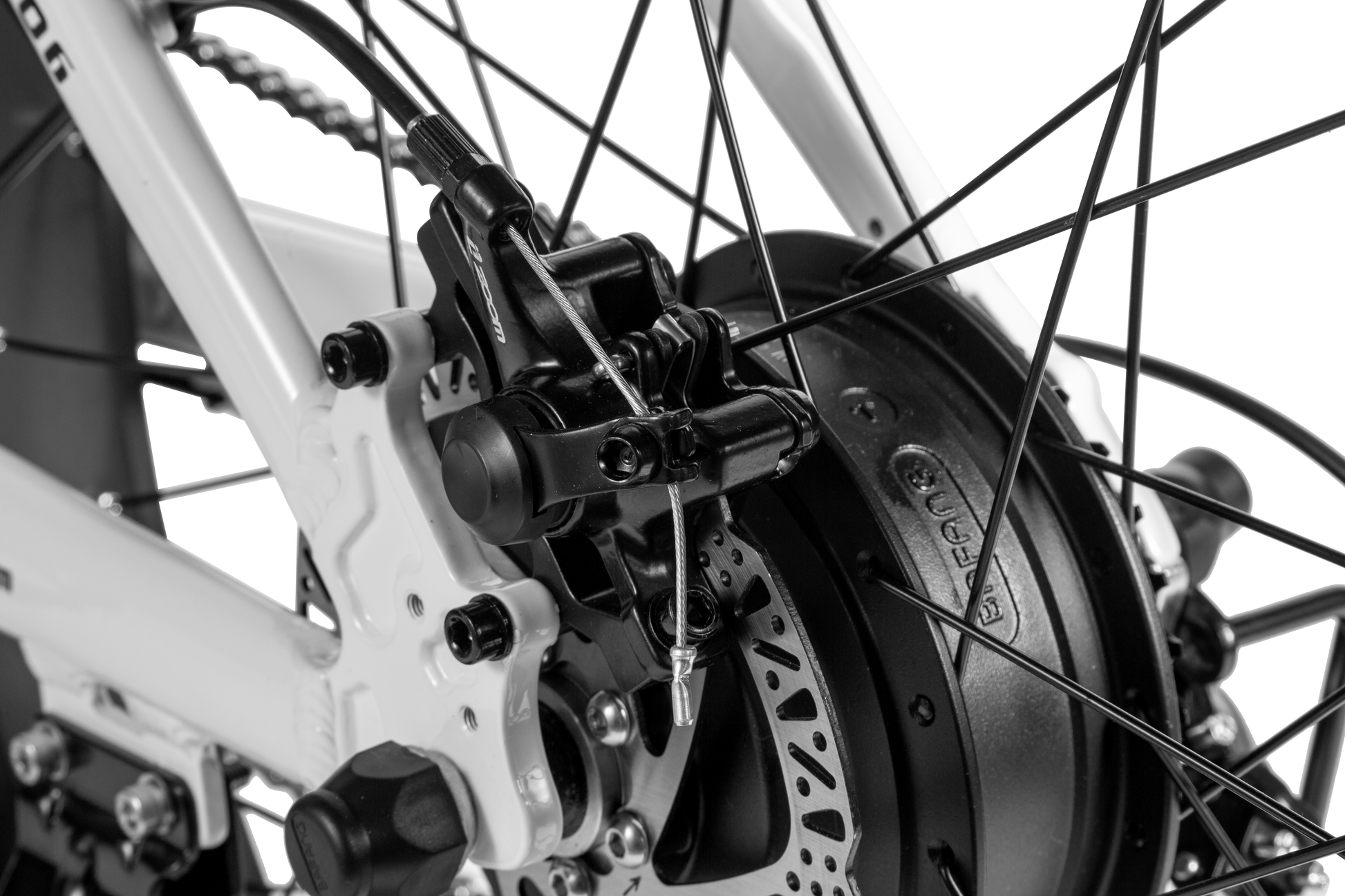 Close-up of Shengmilo MX06 Step Through E-bike rear disc brake and motor system with hydraulic oil brake and fat tires
