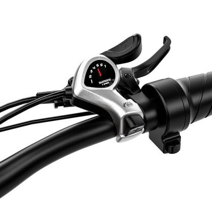 Shengmilo MX06 Step Through E-bike Shimano Level 7 transfer gear shifter on black handlebar close-up